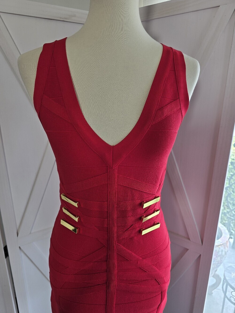 Bebe Hot Red Sleeveless V-Neck Mini Dress with Decorative Gold Bars - Picture 2 of 10